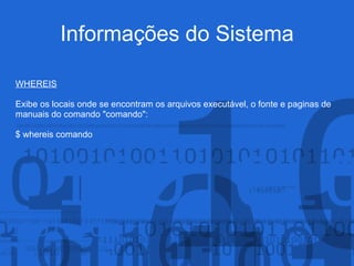 Informações do Sistema
WHEREIS
Exibe os locais onde se encontram os arquivos executável, o fonte e paginas de
manuais do comando "comando":
$ whereis comando
 