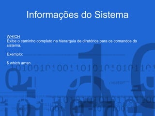 Informações do Sistema
WHICH
Exibe o caminho completo na hierarquia de diretórios para os comandos do
sistema.
Exemplo:
$ which amsn
 