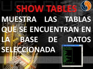 MUESTRA LAS TABLAS
QUE SE ENCUENTRAN EN
LA BASE DE DATOS
SELECCIONADA
 