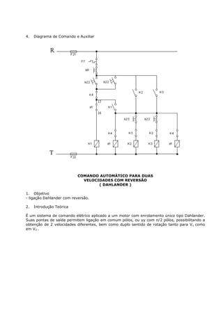 4.   Diagrama de Comando e Auxiliar




                          COMANDO AUTOMÁTICO PARA DUAS
                            VELOCIDADES COM REVERSÃO
                                  ( DAHLANDER )

1. Objetivo
- ligação Dahlander com reversão.

2.   Introdução Teórica

É um sistema de comando elétrico aplicado a um motor com enrolamento único tipo Dahlander.
Suas pontas de saída permitem ligação em comum pólos, ou yy com n/2 pólos, possibilitando a
obtenção de 2 velocidades diferentes, bem como duplo sentido de rotação tanto para V1 como
em V2 .
 