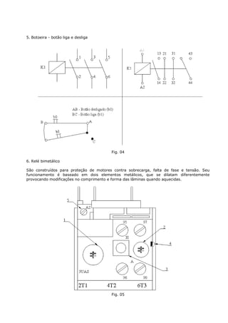 5. Botoeira - botão liga e desliga




                                        Fig. 04

6. Relé bimetálico

São construídos para proteção de motores contra sobrecarga, falta de fase e tensão. Seu
funcionamento é baseado em dois elementos metálicos, que se dilatam diferentemente
provocando modificações no comprimento e forma das lâminas quando aquecidas.




                                        Fig. 05
 