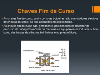 Chaves Fim de Curso
 As chaves fim de curso, assim como as botoeiras, são comutadores elétricos
de entrada de sinais, só que acionados mecanicamente.
 As chaves fim de curso são, geralmente, posicionadas no decorrer do
percurso de cabeçotes móveis de máquinas e equipamentos industriais, bem
como das hastes de cilindros hidráulicos e ou pneumáticos.
 
