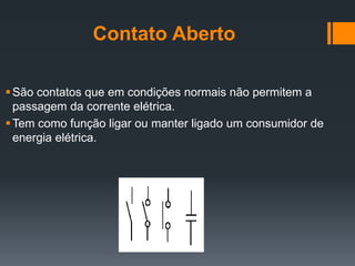 Contato Aberto
São contatos que em condições normais não permitem a
passagem da corrente elétrica.
Tem como função ligar ou manter ligado um consumidor de
energia elétrica.
 