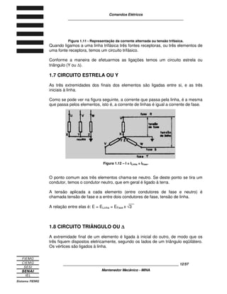 Comandos Elétricos 
____________________________________________________________ 
Figura 1.11 - Representação da corrente alternada ou tensão trifásica. 
Quando ligamos a uma linha trifásica três fontes receptoras, ou três elementos de 
uma fonte receptora, temos um circuito trifásico. 
Conforme a maneira de efetuarmos as ligações temos um circuito estrela ou 
triângulo (Y ou D). 
1.7 CIRCUITO ESTRELA OU Y 
As três extremidades dos finais dos elementos são ligadas entre si, e as três 
iniciais à linha. 
Como se pode ver na figura seguinte, a corrente que passa pela linha, é a mesma 
que passa pelos elementos, isto é, a corrente de linhas é igual a corrente de fase. 
Figura 1.12 – I = ILinha = IFase. 
O ponto comum aos três elementos chama-se neutro. Se deste ponto se tira um 
condutor, temos o condutor neutro, que em geral é ligado à terra. 
A tensão aplicada a cada elemento (entre condutores de fase e neutro) é 
chamada tensão de fase e a entre dois condutores de fase, tensão de linha. 
A relação entre elas é: E = ELinha = EFase x Ö3 
1.8 CIRCUITO TRIÂNGULO OU D 
A extremidade final de um elemento é ligada à inicial do outro, de modo que os 
três fiquem dispostos eletricamente, segundo os lados de um triângulo eqüilátero. 
Os vértices são ligados à linha. 
____________________________________________________________ 12/57 
Mantenedor Mecânico - MINA 
 