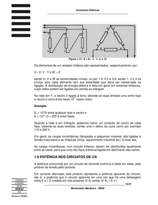 Comandos Elétricos 
____________________________________________________________ 
Figura 1.13 - E = EF e I = IF x Ö3 
Os elementos de um receptor trifásico são representados, respectivamente, por: 
U - X, V - Y e W – Z 
sendo U, V e W as extremidades iniciais, ou por 1-4, 2-5 e 3-6, sendo 1, 2 e 3 os 
inícios, pois cada elemento tem sua polaridade que deve ser conservada na 
ligação. A distribuição de energia elétrica é feita em geral em sistemas trifásicos, 
cujas redes podem ser ligadas em estrela ou triângulo. 
Na rede em Y, o neutro é ligado à terra, obtendo-se duas tensões uma entre fase 
e neutro e outra entre fases Ö3 vezes maior. 
Exemplo 
Ef = 127V entre qualquer fase e neutro e 
E = 127 Ö3 = 220 V entre fases. 
Quando a rede é em triângulo, podemos retirar um condutor do centro de cada 
fase, obtendo-se duas tensões, sendo uma o dobro da outra como por exemplo 
110 e 220 V. 
Em geral, as cargas monofásicas (lâmpadas e pequenos motores) são ligadas à 
tensão mais baixa e as trifásicas (força, aquecimento industrial etc.) à mais alta. 
As cargas monofásicas, num circuito trifásico, devem ser distribuídas igualmente 
entre as fases, para que uma não fique sobrecarregada em detrimento das outras. 
1.9 POTÊNCIA NOS CIRCUITOS DE CA 
A potência consumida por um circuito de corrente contínua é dada em watts, pelo 
produto da tensão pela corrente. 
Em corrente alternada, este produto representa a potência aparente do circuito, 
isto é, a potência que o circuito aparenta ter uma vez que há uma defasagem 
entre E e I. É medida em volt-amperes (V A) sendo (V A) = E x I. 
____________________________________________________________ 13/57 
Mantenedor Mecânico - MINA 
 