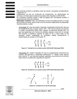 Comandos Elétricos 
____________________________________________________________ 
Não existindo contatos ou abridores, deve ser escrito, na posição correspondente, 
o algarismo “0”. 
Independente do tipo de construção do equipamento, as identificações de 
terminais e símbolos para contatores auxiliares vêm indicadas na DIN 46199. 
Os contatores auxiliares duplos e relés de ligação têm normalizado também o 
posicionamento físico dos contatos. 
Disposição mecânica: além da codificação normal de seqüenciamento e função 
dos contatos auxiliares, existe ainda uma nomenclatura dependente da disposição 
mecânica destes, a saber: 
- Terminação “E”: esta terminação, destinada à disposição preferencial, dita que 
em seqüência de dois contatos, sendo 1NA + 1NF, tem-se sempre em primeiro 
o contato normalmente aberto (NA), seguido normalmente fechado (NF). Já 
que nas seqüências com número de contatos superior a dois tem um contato 
NA iniciando a seqüência, seguido de todos os NF, e após estes os NA 
restantes. Assim, respeitadas as condições citadas acrescente-se à 
especificação do contator a terminação “E”. 
13 21 31 43 
· · A1 
14 22 32 44 
Figura 2.7 - Exemplo de um contator auxiliar CAW 04.22E (Fabricação WEG) 
- Terminação “Z”: existem situações em que as características construtivas do 
contator não permitem a disposição preferencial “E”. Nestes casos opta-se 
pela variante “Z”, que dita para qualquer seqüência, que tenha-se em primeiro 
lugar todos os contatos NA, seguidos de todos NF. 
Figura 2.8 - Exemplo de um contator auxiliar CAW 04.22Z (Fabricação WEG) 
95 
· 
96 98 
95 97 
Figura 2.9 - Contatos de um relé de sobrecarga 
____________________________________________________________ 22/57 
Mantenedor Mecânico - MINA 
· 
96 98 
13 43 21 31 
14 44 22 34 
A2 
· · A1 
A2 
 