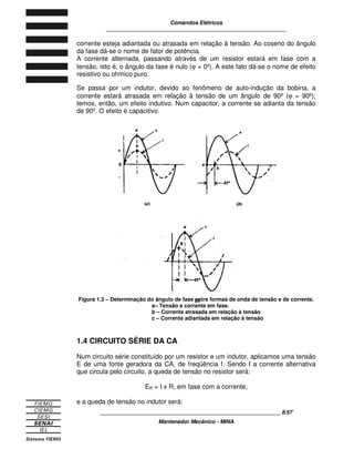 Comandos Elétricos 
____________________________________________________________ 
corrente esteja adiantada ou atrasada em relação à tensão. Ao coseno do ângulo 
da fase dá-se o nome de fator de potência. 
A corrente alternada, passando através de um resistor estará em fase com a 
tensão, isto é, o ângulo da fase é nulo (j = 0º). A este fato dá-se o nome de efeito 
resistivo ou ohmico puro. 
Se passa por um indutor, devido ao fenômeno de auto-indução da bobina, a 
corrente estará atrasada em relação à tensão de um ângulo de 90º (j = 90º); 
temos, então, um efeito indutivo. Num capacitor, a corrente se adianta da tensão 
de 90º. O efeito é capacitivo. 
Figura 1.3 – Determinação do ângulo de fase entre formas de onda de tensão e de corrente. 
a– Tensão e corrente em fase. 
b – Corrente atrasada em relação à tensão 
c – Corrente adiantada em relação à tensão 
1.4 CIRCUITO SÉRIE DA CA 
Num circuito série constituído por um resistor e um indutor, aplicamos uma tensão 
E de uma fonte geradora da CA, de freqüência f. Sendo I a corrente alternativa 
que circula pelo circuito, a queda de tensão no resistor será: 
ER = I x R, em fase com a corrente; 
e a queda de tensão no indutor será: 
____________________________________________________________ 8/57 
Mantenedor Mecânico - MINA 
 