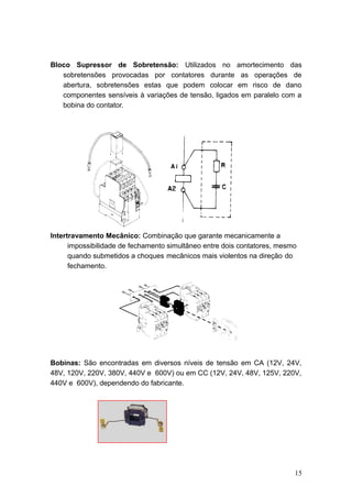 Bloco Supressor de Sobretensão: Utilizados no amortecimento das
sobretensões provocadas por contatores durante as operações de
abertura, sobretensões estas que podem colocar em risco de dano
componentes sensíveis à variações de tensão, ligados em paralelo com a
bobina do contator.

Intertravamento Mecânico: Combinação que garante mecanicamente a
impossibilidade de fechamento simultâneo entre dois contatores, mesmo
quando submetidos a choques mecânicos mais violentos na direção do
fechamento.

Bobinas: São encontradas em diversos níveis de tensão em CA (12V, 24V,
48V, 120V, 220V, 380V, 440V e 600V) ou em CC (12V, 24V, 48V, 125V, 220V,
440V e 600V), dependendo do fabricante.

15

 