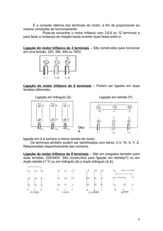 É a conexão elétrica dos terminais do motor, a fim de proporcionar ao
mesmo condições de funcionamento.
Pode-se encontrar o motor trifásico com 3,6,9 ou 12 terminais e
para fazer a mudança de rotação basta inverter duas fases entre si.
Ligação do motor trifásico de 3 terminais – São construídos para funcionar
em uma tensão, 220, 380, 440 ou 760V.

Ligação do motor trifásico de 6 terminais – Podem ser ligados em duas
tensões diferentes.
Ligação em triângulo (Δ)

Ligação em estrela (Υ)

Obs:
A
ligação em Δ é sempre a menor tensão do motor.
Os terminais também podem ser identificados com letras: U,V, W, X, Y, Z.
Relacionadas respectivamente aos números.
Ligação do motor trifásico de 9 terminais – São em pregados também para
duas tensões, 220/440V. São construídos para ligação em estrela(Υ) ou em
duplo estrela (Υ Υ) ou em triângulo (Δ) e duplo triângulo (Δ Δ).

4

 