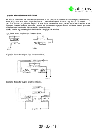 Ligações de Lâmpadas Fluorescentes
Na prática, chamamos de lâmpada fluorescente, a um conjunto composto de lâmpada propriamente dita,
reator, suporte e calha, se for de partida rápida. O tipo “convencional” ainda é composto por um “starter”.
Para que possamos ligar este conjunto à rede, é necessário que interliguemos seus componentes. Esta
operação só será possível mediante a leitura do esquema de ligação afixado no reator, sendo que este
esquema varia conforme o tipo de reator e seu fabricante.
Abaixo, vemos alguns exemplos de esquemas de ligação de reatores.
Ligação de reator simples, tipo “convencional”.
26 - de - 48
 
