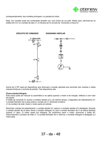 consequentemente, dos contatos principais, e a parada do motor.
Nota: Um contator pode ser comandado também por uma chave de um pólo. Neste caso, eliminam-se os
botões b0 e b1 e o contato de selo c1, e introduz-se no circuito de Comando a chave b1.
CIRCUITO DE COMANDO DIAGRAMA UNIFILAR
Acima de 5 HP usam-se dispositivos que diminuem a tensão aplicada aos terminais dos motores e desta
maneira limita-se a corrente de partida. Tais dispositivos são:
Chave estrela-triângulo
Esta chave pode ser manual ou automática e se aplica quando o motor é de indução, trifásico e com rotor
em gaiola.
O botão de comando b1 aciona o contator estrela c2 e, ao mesmo tempo, o dispositivo de retardamento d1;
o contato fechador de c2 atua sobre o contato de c1, fechando a bobina
c1 do contator da rede. Assim o motor parte em estrela.
Decorrido o tempo de retardamento, o contato abridor d1, opera e o contator estrela c2 é desligado. Quando
o contato abridor de c2 abre, fecha o contator triângulo c3, pois o contato fechador de c1 já estava fechado
quando c1 ligou. O motor opera em triângulo. Se quisermos parar o motor, aciona-se o botão b0,
interrompendo o contator de rede c1. O contato fechador de c1 abre-se, o contator triângulo é desligado e o
motor pára.
37 - de - 48
 