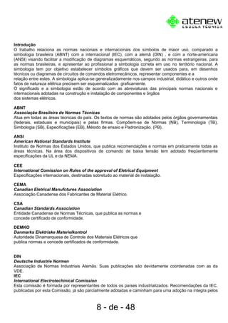 Introdução
O trabalho relaciona as normas nacionais e internacionais dos símbolos de maior uso, comparado a
simbologia brasileira (ABNT) com a internacional (IEC), com a alemã (DIN) , e com a norte-americana
(ANSI) visando facilitar a modificação de diagramas esquemáticos, segundo as normas estrangeiras, para
as normas brasileiras, e apresentar ao profissional a simbologia correta em uso no território nacional. A
simbologia tem por objetivo estabelecer símbolos gráficos que devem ser usados para, em desenhos
técnicos ou diagramas de circuitos de comandos eletromecânicos, representar componentes e a
relação entre estes. A simbologia aplica-se generalizadamente nos campos industrial, didático e outros onde
fatos de natureza elétrica precisem ser esquematizados graficamente.
O significado e a simbologia estão de acordo com as abreviaturas das principais normas nacionais e
internacionais adotadas na construção e instalação de componentes e órgãos
dos sistemas elétricos.
ABNT
Associação Brasileira de Normas Técnicas
Atua em todas as áreas técnicas do país. Os textos de normas são adotados pelos órgãos governamentais
(federais, estaduais e municipais) e pelas firmas. Compõem-se de Normas (NB), Terminologia (TB),
Simbologia (SB), Especificações (EB), Método de ensaio e Padronização. (PB).
ANSI
American National Standards Institute
Instituto de Normas dos Estados Unidos, que publica recomendações e normas em praticamente todas as
áreas técnicas. Na área dos dispositivos de comando de baixa tensão tem adotado freqüentemente
especificações da UL e da NEMA.
CEE
International Comission on Rules of the approval of Eletrical Equipment
Especificações internacionais, destinadas sobretudo ao material de instalação.
CEMA
Canadian Eletrical Manufctures Association
Associação Canadense dos Fabricantes de Material Elétrico.
CSA
Canadian Standards Association
Entidade Canadense de Normas Técnicas, que publica as normas e
concede certificado de conformidade.
DEMKO
Danmarks Elektriske Materielkontrol
Autoridade Dinamarquesa de Controle dos Materiais Elétricos que
publica normas e concede certificados de conformidade.
DIN
Deutsche Industrie Normen
Associação de Normas Industriais Alemãs. Suas publicações são devidamente coordenadas com as da
VDE.
IEC
International Electrotechinical Comission
Esta comissão é formada por representantes de todos os países industrializados. Recomendações da IEC,
publicadas por esta Comissão, já são parcialmente adotadas e caminham para uma adoção na íntegra pelos
8 - de - 48
 