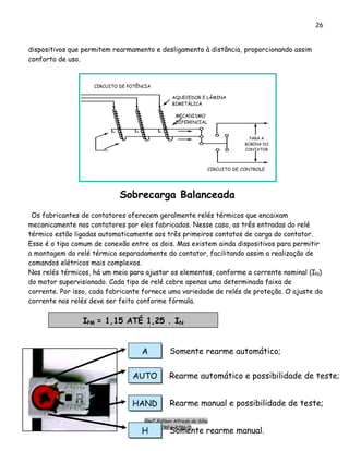 Engº. Edílson Alfredo da Silva
CREA-8786/D
26
dispositivos que permitem rearmamento e desligamento à distância, proporcionando assim
conforto de uso.
CIRCUITO DE POTÊNCIA
AQUECEDOR E LÂMINA
BIMETÁLICA
MECANISMO
DIFERENCIAL
PARA A
BOBINA DO
CONTATOR
CIRCUITO DE CONTROLE
Sobrecarga Balanceada
Os fabricantes de contatores oferecem geralmente relés térmicos que encaixam
mecanicamente nos contatores por eles fabricados. Nesse caso, as três entradas do relé
térmico estão ligadas automaticamente aos três primeiros contatos de carga do contator.
Esse é o tipo comum de conexão entre os dois. Mas existem ainda dispositivos para permitir
a montagem do relé térmico separadamente do contator, facilitando assim a realização de
comandos elétricos mais complexos.
Nos relés térmicos, há um meio para ajustar os elementos, conforme a corrente nominal (IN)
do motor supervisionado. Cada tipo de relé cobre apenas uma determinada faixa de
corrente. Por isso, cada fabricante fornece uma variedade de relés de proteção. O ajuste da
corrente nos relés deve ser feito conforme fórmula.
IPM = 1,15 ATÉ 1,25 . IN
Somente rearme automático;A
Rearme automático e possibilidade de teste;AUTO
Rearme manual e possibilidade de teste;HAND
Somente rearme manual.H
 