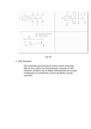 Fig. 04
6. Relé Bimetálico
São construídos para proteção de motores contra sobrecarga,
falta de fase e tensão. Seu funcionamento é baseado em dois
elementos metálicos, que se dilatam diferentemente provocando
modificações no comprimento e forma das lâminas quando
aquecidas.
 