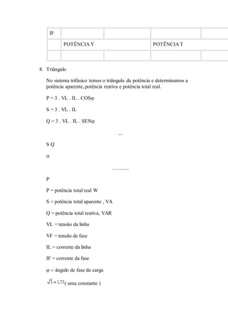 IF
POTÊNCIA Y POTÊNCIA T
8. Triângulo
No sistema trifásico temos o triângulo de potência e determinamos a
potência aparente, potência reativa e potência total real.
P = 3 . VL . IL . COS
S = 3 . VL . IL
Q = 3 . VL . IL . SEN

S Q


P
P = potência total real W
S = potência total aparente , VA
Q = potência total reativa, VAR
VL = tensão da linha
VF = tensão de fase
IL = corrente da linha
IF = corrente da fase
ângulo de fase da carga
( uma constante )
 
