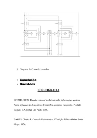 6. Diagrama de Comando e Auxiliar
7. Conclusão
8. Questões
BIBLIOGRAFIA
SCHMELCHEN, Theodor. Manual de Baixa tensão: informações técnicas
Parra aplicação de dispositivos de manobra, comando e proteção. 1ª edição
Siemens S.A. Nobel, São Paulo, 1988.
DAWES, Chester L. Curso de Eletrotécnica. 13ª edição. Editora Globo. Porto
Alegre, 1976.
 