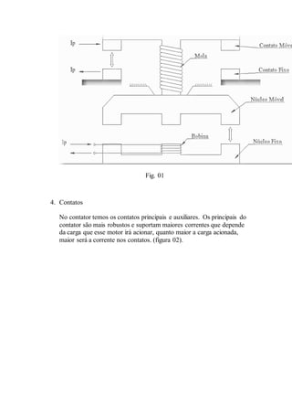 Fig. 01
4. Contatos
No contator temos os contatos principais e auxiliares. Os principais do
contator são mais robustos e suportam maiores correntes que depende
da carga que esse motor irá acionar, quanto maior a carga acionada,
maior será a corrente nos contatos. (figura 02).
 