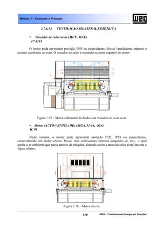 WEG – Transformando Energia em Soluções110
Módulo 1 – Comando e Proteção
1.7.6.1.3 VENTILAÇÃO BILATERAL SIMÉTRICA
• Trocador de calor ar-ar (MGF, MAF)
IC 0161
O motor pode apresentar proteção IP55 ou equivalentes. Possui ventiladores internos e
externo acoplados ao eixo. O trocador de calor é montado na parte superior do motor.
Figura 1.75 – Motor totalmente fechado com trocador de calor ar-ar.
• Aberto (AUTO-VENTILADO) (MGA, MAA, AGA)
IC 01
Neste sistema, o motor pode apresentar proteção IP23, IP24 ou equivalentes,
caracterizando um motor aberto. Possui dois ventiladores internos acoplados ao eixo, o qual
aspira o ar ambiente que passa através da máquina, fazendo assim a troca de calor como mostra a
figura abaixo:
Figura 1.76 – Motor aberto.
 