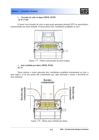 WEG – Transformando Energia em Soluções111
Módulo 1 – Comando e Proteção
• Trocador de calor ar-água (MGW, MAW)
IC W 37A81
O motor com trocador de calor ar-água pode apresentar proteção IP55 ou equivalentes,
caracterizando um motor fechado. O motor possui dois ventiladores acoplados ao eixo.
Figura 1.77 - Motor com trocador de calor ar-água.
• Auto-ventilado por dutos (MGD, MAD)
IC 33
Neste sistema, o motor apresenta dois ventiladores acoplados internamente ao eixo, o
qual aspira o ar de um recinto não contaminado que, após atravessar o motor, é devolvido ao
meio ambiente.
Figura 1.78 – Motor auto-ventilado por dutos.
 
