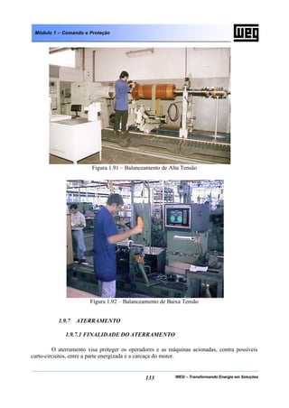 WEG – Transformando Energia em Soluções133
Módulo 1 – Comando e Proteção
Figura 1.91 – Balanceamento de Alta Tensão
Figura 1.92 – Balanceamento de Baixa Tensão
1.9.7 ATERRAMENTO
1.9.7.1 FINALIDADE DO ATERRAMENTO
O aterramento visa proteger os operadores e as máquinas acionadas, contra possíveis
curto-circuitos, entre a parte energizada e a carcaça do motor.
 