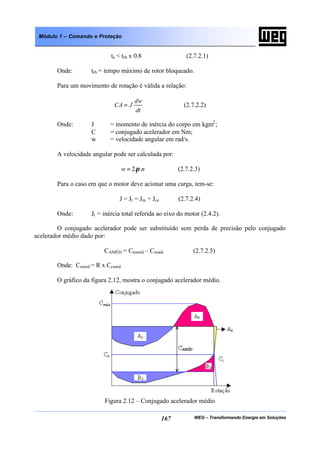 WEG – Transformando Energia em Soluções167
Módulo 1 – Comando e Proteção
ta < trb x 0.8 (2.7.2.1)
Onde: trb = tempo máximo de rotor bloqueado.
Para um movimento de rotação é válida a relação:
dt
dw
JCA = (2.7.2.2)
Onde: J = momento de inércia do corpo em kgm2
;
C = conjugado acelerador em Nm;
w = velocidade angular em rad/s.
A velocidade angular pode ser calculada por:
nw ..2π= (2.7.2.3)
Para o caso em que o motor deve acionar uma carga, tem-se:
J = Jt = Jm + Jce (2.7.2.4)
Onde: Jt = inércia total referida ao eixo do motor (2.4.2).
O conjugado acelerador pode ser substituído sem perda de precisão pelo conjugado
acelerador médio dado por:
CAMÉD = Cmméd – Crméd (2.7.2.5)
Onde: Crméd = R x Ccméd
O gráfico da figura 2.12, mostra o conjugado acelerador médio.
Figura 2.12 – Conjugado acelerador médio
 