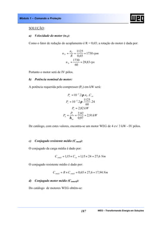 WEG – Transformando Energia em Soluções187
Módulo 1 – Comando e Proteção
SOLUÇÃO:
a) Velocidade do motor (nN):
Como o fator de redução do acoplamento é R = 0,65; a rotação do motor é dada por:
rpm
R
n
n C
N 1730
65,0
1125
===
rpsnN 83,28
60
1730
==
Portanto o motor será de IV pólos.
b) Potência nominal do motor:
A potência requerida pelo compressor (Pc) em kW será:
cnCc CnP ...2.10 3
π−
=
24.
60
1125
..2.10 3
π−
=cP
kWPc 82,2=
kW
P
P
ac
c
n 91,2
97,0
82,2
===
η
De catálogo, com estes valores, encontra-se um motor WEG de 4 cv/ 3 kW - IV pólos.
c) Conjugado resistente médio (Crméd):
O conjugado da carga média é dado por:
NmCC cncméd 6,272415,115,1 =×=×=
O conjugado resistente médio é dado por:
NmCRC cmédrméd 94,176,2765,0 =×=×=
d) Conjugado motor médio (Cmméd):
Do catálogo de motores WEG obtêm-se:
 