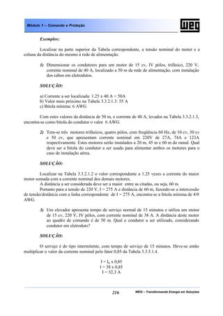 WEG – Transformando Energia em Soluções216
Módulo 1 – Comando e Proteção
Exemplos:
Localizar na parte superior da Tabela correspondente, a tensão nominal do motor e a
coluna da distância do mesmo à rede de alimentação.
1) Dimensionar os condutores para um motor de 15 cv, IV pólos, trifásico, 220 V,
corrente nominal de 40 A, localizado a 50 m da rede de alimentação, com instalação
dos cabos em eletrodutos.
SOLUÇÃO:
a) Corrente a ser localizada: 1.25 x 40 A = 50A
b) Valor mais próximo na Tabela 3.3.2.1.3: 55 A
c) Bitola mínima: 6 AWG
Com estes valores da distância de 50 m, e corrente de 40 A, levados na Tabela 3.3.2.1.3,
encontra-se como bitola do condutor o valor 6 AWG.
2) Tem-se três motores trifásicos, quatro pólos, com freqüência 60 Hz, de 10 cv, 30 cv
e 50 cv, que apresentam corrente nominal em 220V de 27A, 74A e 123A
respectivamente. Estes motores serão instalados a 20 m, 45 m e 60 m do ramal. Qual
deve ser a bitola do condutor a ser usado para alimentar ambos os motores para o
caso de instalação aérea.
SOLUÇÃO:
Localizar na Tabela 3.3.2.1.2 o valor correspondente a 1.25 vezes a corrente do maior
motor somada com a corrente nominal dos demais motores.
A distância a ser considerada deve ser a maior entre as citadas, ou seja, 60 m.
Portanto para a tensão de 220 V, I = 275 A e distância de 60 m, fazendo-se a intercessão
de tensão/distância com a linha correspondente de I = 275 A, encontra-se a bitola mínima de 4/0
AWG.
3) Um elevador apresenta tempo de serviço normal de 15 minutos e utiliza um motor
de 15 cv, 220 V, IV pólos, com corrente nominal de 38 A. A distância deste motor
ao quadro de comando é de 50 m. Qual o condutor a ser utilizado, considerando
condutor em eletroduto?
SOLUÇÃO:
O serviço é do tipo intermitente, com tempo de serviço de 15 minutos. Deve-se então
multiplicar o valor da corrente nominal pelo fator 0,85 da Tabela 3.3.5.1.4.
I = In x 0,85
I = 38 x 0,85
I = 32,3 A
 