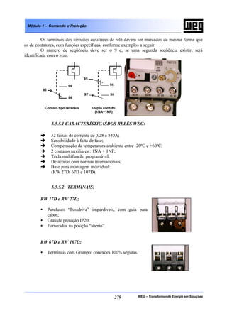 WEG – Transformando Energia em Soluções279
Módulo 1 – Comando e Proteção
Os terminais dos circuitos auxiliares de relé devem ser marcados da mesma forma que
os de contatores, com funções específicas, conforme exemplos a seguir.
O número de seqüência deve ser o 9 e, se uma segunda seqüência existir, será
identificada com o zero.
5.5.5.1 CARACTERÍSTICASDOS RELÉS WEG:
è 32 faixas de corrente de 0,28 a 840A;
è Sensibilidade à falta de fase;
è Compensação da temperatura ambiente entre -20ºC e +60ºC;
è 2 contatos auxiliares : 1NA + 1NF;
è Tecla multifunção programável;
è De acordo com normas internacionais;
è Base para montagem individual:
(RW 27D, 67D e 107D).
5.5.5.2 TERMINAIS:
RW 17D e RW 27D;
• Parafusos “Posidrive” imperdíveis, com guia para
cabos;
• Grau de proteção IP20;
• Fornecidos na posição “aberto”.
RW 67D e RW 107D;
• Terminais com Grampo: conexões 100% seguras.
98
96
95
Contato tipo reversor
98
96
95
Duplo contato
(1NA+1NF)
97
 