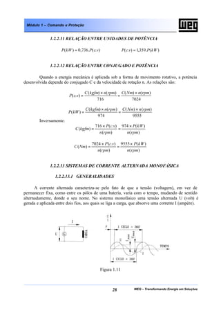 WEG – Transformando Energia em Soluções28
Módulo 1 – Comando e Proteção
1.2.2.11 RELAÇÃO ENTRE UNIDADES DE POTÊNCIA
).(.736,0)( vcPkWP = )(.359,1).( kWPvcP =
1.2.2.12 RELAÇÃO ENTRE CONJUGADO E POTÊNCIA
Quando a energia mecânica é aplicada sob a forma de movimento rotativo, a potência
desenvolvida depende do conjugado C e da velocidade de rotação n. As relações são:
7024
)()(
716
)()(
).(
rpmnNmCrpmnkgfmC
vcP
×
=
×
=
9555
)()(
974
)()(
)(
rpmnNmCrpmnkgfmC
kWP
×
=
×
=
Inversamente:
)(
)(974
)(
).(716
)(
rpmn
kWP
rpmn
vcP
kgfmC
×
=
×
=
)(
)(9555
)(
).(7024
)(
rpmn
kWP
rpmn
vcP
NmC
×
=
×
=
1.2.2.13 SISTEMAS DE CORRENTE ALTERNADA MONOFÁSICA
1.2.2.13.1 GENERALIDADES
A corrente alternada caracteriza-se pelo fato de que a tensão (voltagem), em vez de
permanecer fixa, como entre os pólos de uma bateria, varia com o tempo, mudando de sentido
alternadamente, donde o seu nome. No sistema monofásico uma tensão alternada U (volt) é
gerada e aplicada entre dois fios, aos quais se liga a carga, que absorve uma corrente I (ampère).
Figura 1.11
 