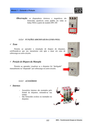 WEG – Transformando Energia em Soluções322
Módulo 1 – Comando e Proteção
Observação: os disparadores térmicos e magnéticos são
fornecidos ajustáveis como padrão em todas as
linhas WEG a partir do modelo DW 250
5.12.4 FUNÇÕES ADICIONAIS DA LINHA WEG:
ü Teste
Permite ao operador a simulação de disparo do disjuntor,
certificando-se que seu mecanismo está apto a atuar em caso de
sobrecarga ou curto-circuito.
ü Posição de Disparo da Manopla
Permite ao operador visualizar se o disjuntor foi “desligado”
manualmente ou “disparado” por sobrecarga ou curto-circuito.
5.12.5 ACESSÓRIOS
ü Internos
- Acessórios internos são montados pelo
frontal do disjuntor, retirando-se sua
tampa;
- São fornecidos avulsos ou montados no
disjuntor.
 