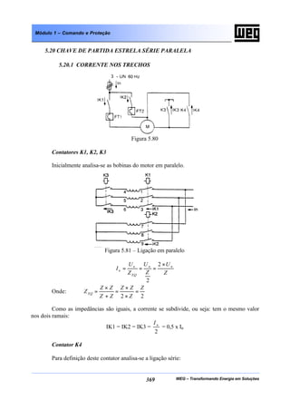 WEG – Transformando Energia em Soluções369
Módulo 1 – Comando e Proteção
5.20 CHAVE DE PARTIDA ESTRELA SÉRIE PARALELA
5.20.1 CORRENTE NOS TRECHOS
Figura 5.80
Contatores K1, K2, K3
Inicialmente analisa-se as bobinas do motor em paralelo.
Figura 5.81 – Ligação em paralelo
Z
U
Z
U
Z
U
I nn
EQ
n
n
×
===
2
2
Onde:
22
Z
Z
ZZ
ZZ
ZZ
ZEQ =
×
×
=
+
×
=
Como as impedâncias são iguais, a corrente se subdivide, ou seja: tem o mesmo valor
nos dois ramais:
IK1 = IK2 = IK3 =
2
nI
= 0,5 x In
Contator K4
Para definição deste contator analisa-se a ligação série:
 