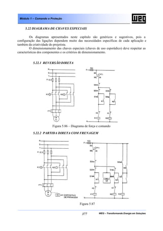 WEG – Transformando Energia em Soluções377
Módulo 1 – Comando e Proteção
5.22 DIAGRAMA DE CHAVES ESPECIAIS
Os diagramas apresentados neste capítulo são genéricos e sugestivos, pois a
configuração das ligações dependem muito das necessidades específicas de cada aplicação e
também da criatividade do projetista.
O dimensionamento das chaves especiais (chaves de uso esporádico) deve respeitar as
características dos componentes e os critérios de dimensionamento.
5.22.1 REVERSÃO DIRETA
Figura 5.86 – Diagrama de força e comando
5.22.2 PARTIDA DIRETA COM FRENAGEM
Figura 5.87
 
