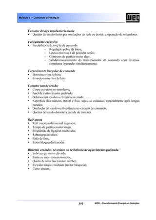 WEG – Transformando Energia em Soluções391
Módulo 1 – Comando e Proteção
Contator desliga involuntariamente
• Quedas de tensão fortes por oscilações da rede ou devido a operação de religadores.
Faiscamento excessivo
• Instabilidade da tenção de comando
- Regulação pobre da fonte;
- Linhas extensas e de pequena seção;
- Correntes de partida muito altas;
- Subdimensionamento do transformador de comando com diversos
contatores operando simultaneamente.
Fornecimento irregular de comando
• Botoeiras com defeito;
• Fins-de-curso com defeito.
Contator zumbe (ruído)
• Corpo estranho no entreferro;
• Anel de curto circuito quebrado;
• Bobina com tensão ou freqüência errada;
• Superfície dos núcleos, móvel e fixo, sujas ou oxidadas, especialmente após longas
paradas;
• Oscilação de tensão ou freqüência no circuito de comando;
• Quedas de tensão durante a partida de motores.
Relé atuou
• Relé inadequado ou mal regulado;
• Tempo de partida muito longo;
• Freqüência de ligações muito alta;
• Sobrecarga no eixo;
• Falta de fase;
• Rotor bloqueado/travado.
Bimetais azulados, recozidos ou resistência de aquecimento queimada
• Sobrecarga muito elevada;
• Fusíveis superdimentsionados;
• Queda de uma fase (motor zumbe);
• Elevado torque resistente (motor bloqueia);
• Curto-circuito.
 