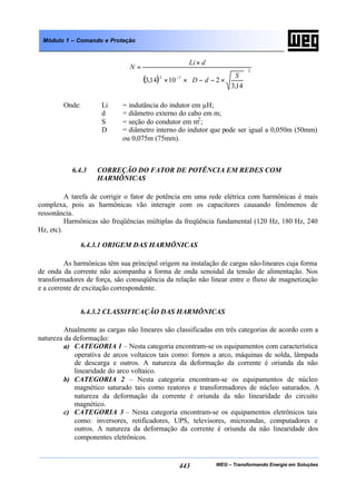 WEG – Transformando Energia em Soluções443
Módulo 1 – Comando e Proteção
( )
2
72
14,3
21014,3








×−−××
×
=
− S
dD
dLi
N
Onde: Li = indutância do indutor em µH;
d = diâmetro externo do cabo em m;
S = seção do condutor em m2
;
D = diâmetro interno do indutor que pode ser igual a 0,050m (50mm)
ou 0,075m (75mm).
6.4.3 CORREÇÃO DO FATOR DE POTÊNCIA EM REDES COM
HARMÔNICAS
A tarefa de corrigir o fator de potência em uma rede elétrica com harmônicas é mais
complexa, pois as harmônicas vão interagir com os capacitores causando fenômenos de
ressonância.
Harmônicas são freqüências múltiplas da freqüência fundamental (120 Hz, 180 Hz, 240
Hz, etc).
6.4.3.1 ORIGEM DAS HARMÔNICAS
As harmônicas têm sua principal origem na instalação de cargas não-lineares cuja forma
de onda da corrente não acompanha a forma de onda senoidal da tensão de alimentação. Nos
transformadores de força, são conseqüência da relação não linear entre o fluxo de magnetização
e a corrente de excitação correspondente.
6.4.3.2 CLASSIFICAÇÃO DAS HARMÔNICAS
Atualmente as cargas não lineares são classificadas em três categorias de acordo com a
natureza da deformação:
a) CATEGORIA 1 – Nesta categoria encontram-se os equipamentos com característica
operativa de arcos voltaicos tais como: fornos a arco, máquinas de solda, lâmpada
de descarga e outros. A natureza da deformação da corrente é oriunda da não
linearidade do arco voltaico.
b) CATEGORIA 2 – Nesta categoria encontram-se os equipamentos de núcleo
magnético saturado tais como reatores e transformadores de núcleo saturados. A
natureza da deformação da corrente é oriunda da não linearidade do circuito
magnético.
c) CATEGORIA 3 – Nesta categoria encontram-se os equipamentos eletrônicos tais
como: inversores, retificadores, UPS, televisores, microondas, computadores e
outros. A natureza da deformação da corrente é oriunda da não linearidade dos
componentes eletrônicos.
 