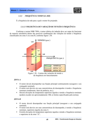 WEG – Transformando Energia em Soluções48
Módulo 1 – Comando e Proteção
1.3.3 FREQUÊNCIA NOMINAL (HZ)
É a frequência da rede para a qual o motor foi projetado.
1.3.3.1 TOLERÂNCIA DE VARIAÇÃO DE TENSÃO E FREQUÊNCIA
Conforme a norma NBR 7094, o motor elétrico de indução deve ser capaz de funcionar
de maneira satisfatória dentro das possíveis combinações das variações de tensão e frequência
classificados em zona A ou zona B, conforme figura 1.30.
Figura 1.30 – Limites das variações de tensão e
de frequência em funcionamento
ZONA A
• O motor deverá desempenhar sua função principal continuamente (assegurar o seu
conjugado nominal);
• O motor terá desvios em suas características de desempenho à tensão e frequências
nominais (rendimento, fator de potência, etc.);
• Haverá elevações de temperatura superiores àquelas a tensão e frequência nominais
(podem exceder em aproximadamente 10K os limites especificados pela norma);
ZONA B
• O motor deverá desempenhar sua função principal (assegurar o seu conjugado
nominal);
• O motor terá desvios em suas características de desempenho, à tensão e frequência
nominais, superiores àqueles da zona A
• Existirá elevações de temperatura superiores àquelas a tensão e frequência nominais
e superiores às da zona “A”;
 