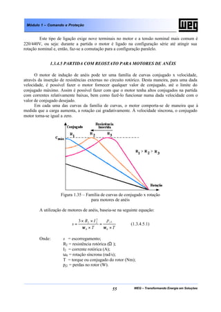 WEG – Transformando Energia em Soluções55
Módulo 1 – Comando e Proteção
Este tipo de ligação exige nove terminais no motor e a tensão nominal mais comum é
220/440V, ou seja: durante a partida o motor é ligado na configuração série até atingir sua
rotação nominal e, então, faz-se a comutação para a configuração paralelo.
1.3.4.5 PARTIDA COM REOSTATO PARA MOTORES DE ANÉIS
O motor de indução de anéis pode ter uma família de curvas conjugado x velocidade,
através da inserção de resistências externas no circuito rotórico. Desta maneira, para uma dada
velocidade, é possível fazer o motor fornecer qualquer valor de conjugado, até o limite do
conjugado máximo. Assim é possível fazer com que o motor tenha altos conjugados na partida
com correntes relativamente baixas, bem como fazê-lo funcionar numa dada velocidade com o
valor de conjugado desejado.
Em cada uma das curvas da família de curvas, o motor comporta-se de maneira que à
medida que a carga aumenta, a rotação cai gradativamente. À velocidade síncrona, o conjugado
motor torna-se igual a zero.
Figura 1.35 – Família de curvas de conjugado x rotação
para motores de anéis
A utilização de motores de anéis, baseia-se na seguinte equação:
T
p
T
IR
s
j
×
=
×
××
=
0
2
0
2
223
ωω
(1.3.4.5.1)
Onde: s = escorregamento;
R2 = resistência rotórica (Ω );
I2 = corrente rotórica (A);
ω0 = rotação síncrona (rad/s);
T = torque ou conjugado do rotor (Nm);
pj2 = perdas no rotor (W).
 