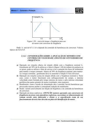 WEG – Transformando Energia em Soluções79
Módulo 1 – Comando e Proteção
Figura 1.50 – curva de torque x freqüência para uso
de motor com conversor de freqüência
Onde k está de 0,7 à 1,0 e depende do conteúdo de harmônicas do conversor. Valores
típicos são 0,8 à 0,9.
1.5.4.1 CONSIDERAÇÕES SOBRE A APLICAÇÃO DE MOTORES COM
CONTROLE DE VELOCIDADE ATRAVÉS DE CONVERSORES DE
FREQUÊNCIA
a) Operação em rotações abaixo da rotação obtida com a freqüência nominal fn.
Geralmente até 50% da fn utiliza-se o fator k (figura 1.48) de redutor de potência ou
se quiser, pode-se utilizar o fator de serviço e/ou o aumento da classe de isolamento
para manter o torque constante. Abaixo de 50% da freqüência nominal, para manter-
se o torque constante, geralmente deve-se aumentar a relação U/f do conversor.
b) Operação em rotações acima da rotação obtida com a freqüência nominal fn. Neste
caso, como o motor funcionará com enfraquecimento de campo, a máxima
velocidade estará limitada pelo torque máximo do motor e pela máxima velocidade
periférica das partes girantes do motor (ventilador, rotor mancais).
c) Rendimento: como a tensão de alimentação não é senoidal, haverá harmônicas que
provocarão maiores perdas e conseqüente redução do rendimento.
d) Ruído: variará sensivelmente em função da frequência e do conteúdo de harmônicas
do conversor.
e) Operação em áreas explosivas: ATENÇÃO: motores operando com conversores de
freqüência em áreas com atmosferas explosivas, necessitam ser dimensionados de
comum acordo entre fabricante e cliente e, a especificação exata do seu
funcionamento deverá estar descrita na placa de identificação do motor.
 