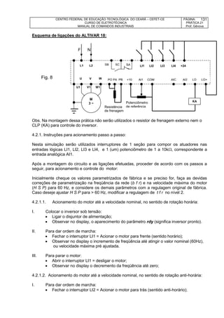CENTRO FEDERAL DE EDUCAÇÃO TECNOLÓGICA DO CEARÁ – CEFET-CE
CURSO DE ELETROTÉCNICA
MANUAL DE COMANDOS INDUSTRIAIS
PÁGINA:
PRÁTICA 21
Prof. Gênova
131
Esquema de ligações do ALTIVAR 18:
F N
U1 V1 W1
Obs. Na montagem dessa prática não serão utilizados o resistor de frenagem externo nem o
CLP (KA) para controle do inversor.
4.2.1. Instruções para acionamento passo a passo:
Nesta simulação serão utilizados interruptores de 1 seção para compor os atuadores nas
entradas lógicas LI1, LI2, LI3 e LI4, e 1 (um) potenciômetro de 1 a 10k, correspondente a
entrada analógica AI1.
Após a montagem do circuito e as ligações efetuadas, proceder de acordo com os passos a
seguir, para acionamento e controle do motor:
Inicialmente cheque os valores parametrizados de fábrica e se preciso for, faça as devidas
correções de parametrização na freqüência da rede (b f r) e na velocidade máxima do motor
(H S P) para 60 Hz, e considere os demais parâmetros com a regulagem original de fábrica.
Caso deseje ajustar H S P para > 60 Hz, modificar a regulagem de t f r no nível 2.
4.2.1.1. Acionamento do motor até a velocidade nominal, no sentido de rotação horária:
I. Colocar o inversor sob tensão:
 Ligar o disjuntor de alimentação;
 Observar no display, o aparecimento do parâmetro rdy (significa inversor pronto).
II. Para dar ordem de marcha:
 Fechar o interruptor LI1 = Acionar o motor para frente (sentido horário);
 Observar no display o incremento de freqüência até atingir o valor nominal (60Hz),
ou velocidade máxima pré ajustada.
III. Para parar o motor:
 Abrir o interruptor LI1 = desligar o motor;
 Observar no display o decremento da freqüência até zero;
4.2.1.2. Acionamento do motor até a velocidade nominal, no sentido de rotação anti-horária:
I. Para dar ordem de marcha:
 Fechar o interruptor LI2 = Acionar o motor para trás (sentido anti-horário);
KA
U V W
M
3 ~
L1 L2 LI1 LI2 LI3 LI4 +24SB SC SA
PO PA PB +10 AI1 COM AIC AI2 LO LO+
Fig. 8
Resistência
de frenagem
Potenciômetro
de referência
 