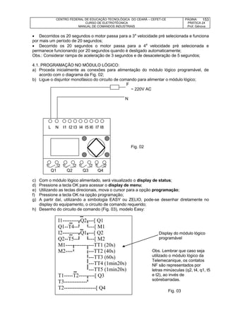 CENTRO FEDERAL DE EDUCAÇÃO TECNOLÓGICA DO CEARÁ – CEFET-CE
CURSO DE ELETROTÉCNICA
MANUAL DE COMANDOS INDUSTRIAIS
PÁGINA:
PRÁTICA 24
Prof. Gênova
153
 Decorridos os 20 segundos o motor passa para a 3a
velocidade pré selecionada e funciona
por mais um período de 20 segundos;
 Decorrido os 20 segundos o motor passa para a 4a
velocidade pré selecionada e
permanece funcionando por 20 segundos quando é desligado automaticamente;
Obs.: Considerar rampa de aceleração de 3 segundos e de desaceleração de 5 segundos;
4.1. PROGRAMAÇÃO NO MÓDULO LÓGICO:
a) Proceda inicialmente as conexões para alimentação do módulo lógico programável, de
acordo com o diagrama da Fig. 02;
b) Ligue o disjuntor monofásico do circuito de comando para alimentar o módulo lógico;
F
~ 220V AC
N
Fig. 02
c) Com o módulo lógico alimentado, será visualizado o display de status;
d) Pressione a tecla OK para acessar o display de menu;
e) Utilizando as teclas direcionais, mova o cursor para a opção programação;
f) Pressione a tecla OK na opção programação;
g) A partir daí, utilizando a simbologia EASY ou ZELIO, pode-se desenhar diretamente no
display do equipamento, o circuito de comando requerido;
h) Desenho do circuito de comando (Fig. 03), modelo Easy:
Display do módulo lógico
programável
Fig. 03
L N I1 I2 I3 I4 I5 I6 I7 I8
1 2 1 2 1 2 1 2
Q1 Q2 Q3 Q4
I1----------Q2----[ Q1
Q1--T4--- ----[ M1
I2----------Q1----[ Q2
Q2--T5--- ----[ M2
M1----------------TT1 (20s)
M2---- ---TT2 (40s)
---TT3 (60s)
---TT4 (1min20s)
---TT5 (1min20s)
T1-----T2---------[ Q3
T3-------------
T2------------------[ Q4
Obs. Lembrar que caso seja
utilizado o módulo lógico da
Telemecanique, os contatos
NF são representados por
letras minúsculas (q2, t4, q1, t5
e t2), ao invés de
sobrebarradas.
 