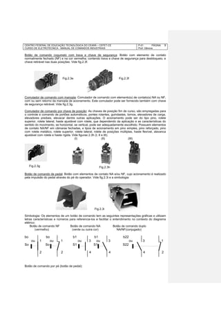 CENTRO FEDERAL DE EDUCAÇÃO TECNOLÓGICA DO CEARÁ – CEFET-CE
CURSO DE ELETROTÉCNICA - MANUAL DE COMANDOS INDUSTRIAIS
P-01 PÁGINA
Prof. Gênova
9
Botão de comando cogumelo com trava e chave de segurança: Botão com elemento de contato
normalmente fechado (NF) e na cor vermelha, contendo trava e chave de segurança para desbloqueio, e
chave retirável nas duas posições. Vide fig.2.3f.
Comutador de comando com manopla: Comutador de comando com elemento(s) de contato(s) NA ou NF,
com ou sem retorno da manopla de acionamento. Este comutador pode ser fornecido também com chave
de segurança retirável. Vide fig.2.3g.
Comutador de comando por chave de posição: As chaves de posição fim de curso, são empregadas para
o controle e comando de portões automáticos, pontes rolantes, guindastes, tornos, elevadores de carga,
elevadores prediais, elevacar dentre outras aplicações. O acionamento pode ser do tipo pino, rolete
superior, rolete lateral, haste ajustável com rolete, que dependendo da aplicação e as características do
sentido do movimento, se horizontal, se vertical, pode ser adequadamente escolhido. Possuem elementos
de contato NA/NF em câmaras fechadas, e tipos de acionamento em pino simples, pino reforçado, pino
com rolete metálico, rolete superior, rolete lateral, rolete de posições múltiplas, haste flexível, alavanca
ajustável com rolete e haste rígida. Vide figuras 2.3h (I, II e III);
(I) (II) (III)
Fig.2.3h
Botão de comando de pedal: Botão com elementos de contato NA e/ou NF, cujo acionamento é realizado
pela impulsão do pedal através do pé do operador. Vide fig.2.3i e a simbologia:
Fig.2.3i
Simbologia: Os elementos de um botão de comando tem as seguintes representações gráficas e utilizam
letras características e números para referencia-los e facilitar o entendimento no contexto do diagrama
elétrico:
Botão de comando NF Botão de comando NA Botão de comando duplo
(vermelho) (verde ou outra cor) NA/NF(conjugado)
bo bo b1 b1 b22
ou 1 ou 1 ou 3 ou 3 ou 3 1
So So S1 S1 S22
2 2 4 4 4 2
Botão de comando por pé (botão de pedal):
Fig.2.3e Fig.2.3f
Fig.2.3g
 