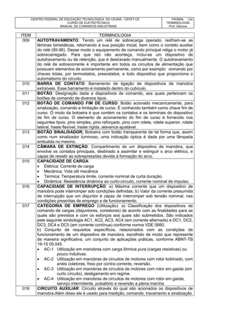 CENTRO FEDERAL DE EDUCAÇÃO TECNOLÓGICA DO CEARÁ - CEFET-CE
CURSO DE ELETROTÉCNICA
MANUAL DE COMANDOS INDUSTRIAIS
PÁGINA:
TERMINOLOGIA
Prof. Gênova
156
ITEM TERMINOLOGIA
009 AUTOTRAVAMENTO: Tendo um relé de sobrecarga operado, resfriam-se as
lâminas bimetálicas, retornando à sua posição inicial, bem como o contato auxiliar
do relé (95-96). Desse modo o equipamento de comando principal religa o motor já
sobrecarregado. Para que isto não aconteça, inclui-se um dispositivo de
autotravamento ou de retenção, que é destravado manualmente. O autotravamento
do relé de sobrecorrente é importante em todos os circuitos de alimentação que
possuam elementos de acionamento permanente, como por exemplo: comando por
chaves bóias, por termostatos, presostatos, e todo dispositivo que proporciona o
automatismo do circuito.
010 BARRA DE CONTATO: Barramento de ligação de dispositivos de manobra
extraíveis. Esse barramento é instalado dentro do cubículo.
011 BOTÃO: Designação dada a dispositivos de comando, aos quais pertencem os
botões de comando de diversos tipos.
012 BOTÃO DE COMANDO FIM DE CURSO: Botão acionado mecanicamente, para
sinalização, comando e limitação de curso. É conhecido também como chave fim de
curso. O miolo da botoeira é que contém os contatos e os terminais do dispositivo
de fim de curso. O elemento de acionamento do fim de curso é fornecido nos
seguintes tipos: pino simples, pino reforçado, pino com rolete, rolete superior, rolete
lateral, haste flexível, haste rígida, alavanca ajustável.
013 BOTÃO SINALISADOR: Botoeira com botão transparente de tal forma que, assim
como num sinalizador luminoso, uma indicação óptica é dada por uma lâmpada
embutida no mesmo.
014 CÂMARA DE EXTINÇÃO: Compartimento de um dispositivo de manobra, que
envolve os contatos principais, destinado a assimilar e extinguir o arco elétrico, e
capaz de resistir as sobrepressões devida à formação do arco.
015 CAPACIDADE DE CARGA:
 Elétrica: Corrente de carga
 Mecânica: Vida útil mecânica
 Térmica: Temperatura limite, corrente nominal de curta duração.
 Dinâmica: Resistência dinâmica ao curto-circuito, corrente nominal de impulso.
016 CAPACIDADE DE INTERRUPÇÃO: a) Máxima corrente que um dispositivo de
manobra pode interromper sob condições definidas; b) Valor da corrente presumida
de interrupção que um disjuntor é capaz de interromper sob tensão nominal, nas
condições prescritas de emprego e de funcionamento.
017 CATEGORIA DE EMPREGO (Utilização): a) Classificação dos dispositivos de
comando de cargas (disjuntores, contatores) de acordo com as finalidades para as
quais são previstos e com os esforços aos quais são submetidos. São indicados
pele seguinte simbologia AC1, AC2, AC3, AC4 (em corrente alternada) e DC1, DC2,
DC3, DC4 e DC5 (em corrente contínua) conforme norma VDE 0660.
b) Conjunto de requisitos específicos, relacionados com as condições de
funcionamento de um dispositivo de manobra, escolhido de modo que represente
de maneira significativa, um conjunto de aplicações práticas, conforme ABNT-TB
19-15 05.045.
 AC-1 Utilização em manobras com carga ôhmica pura (cargas resistivas) ou
pouco indutivas.
 AC-2 Utilização em manobras de circuitos de motores com rotor bobinado, com
anéis coletores, freio por contra corrente, reversão.
 AC-3 Utilização em manobras de circuitos de motores com rotor em gaiola (em
curto circuito), desligamento em regime.
 AC-4 Utilização em manobras de circuitos de motores com rotor em gaiola,
serviço intermitente, pulsatório e reversão a plena marcha
018 CIRCUITO AUXILIAR: Circuito através do qual são acionados os dispositivos de
manobra.Além disso ele é usado para medição, comando, travamento e sinalização
 