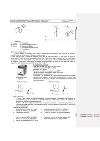 CENTRO FEDERAL DE EDUCAÇÃO TECNOLÓGICA DO CEARÁ – CEFET-CE
CURSO DE ELETROTÉCNICA - MANUAL DE COMANDOS INDUSTRIAIS
P-01 PÁGINA
Prof. Gênova
17
4 2 3
5 1
B
C
Legenda
A – Fase 1 – Fotocélula
B - Neutro 2 - Resistor de Aquecimento
C - Carga 3 - Contato de Carga
4 - Resistor de Amortecimento
5 - Pára-Raios
2.11- Relé Falta de Fase:
Função: Efetua a proteção contra falta e desequilíbrio entre fases, nos circuitos de motores,
transformadores, barramentos trifásicos e outras cargas.
O relé falta de fase é conhecido também como relé de falta de tensão. As três fases da rede de
alimentação (fonte), serão monitoradas através do relé. Caso ocorra algum problema com uma das fases,
o equipamento será sensibilizado e atuará no circuito auxiliar de um contator, desativando a sua bobina
e salvando a carga por insuficiência de tensão de alimentação. No caso da falta de duas fases, o
equipamento é desativado automaticamente. Vide Fig. 2.11.
Relé falta de fase
Fig.2.11
Relé sem neutro Relé com neutro
R S T R S T
11 11
RFF RFF
12 14 N 12 14
2.12- Soft-starter:
Função: São chaves de partida estáticas microprocessadas, concebidas para propiciar a
partida/parada suave de motores de indução trifásicos, utilizando no circuito de potência, 2
tiristores em ligação anti-paralelo por polo.
A chave soft-starter aplica ao motor uma rampa de aceleração ou desaceleração, através do
controle da tensão aplicada, por intermédio de um microprocessador, que controla o ângulo de
disparo dos tiristores.
Características técnicas:
 Chave Soft-starter SSW-01 – WEG  Degraus de tensão: 50, 60, 70 ou 80% Un
 Tensão de alimentação:220/380V  Chaveamento de potência: 6 tiristores
 Freqüência: 50/60 Hz  Circuito de controle: por microprocessador
 Faixa de pedestal: 25 a 75% da Un  Funções e controle do usuário: ajustes são
 Rampa de aceleração: 0,5 a 60 s. feitos através de chaves tipo dip-switch
 Rampa de desaceleração: 1 a 120 s
Características Técnicas:
Relé falta de fase, com neutro ou sem neutro.
Tensões nominais: 110, 220 ou 380V
Consumo: de 1 a 3VA
Corrente nominal nos contatos: 5 A em 250V
Tempo de retorno dos contatos: entre 20 e 40ms
Dial de ajuste da sensibilidade ( + / - )
Simbologia : Os elementos de um relé falta de fase tem a seguinte
representação gráfica e utiliza letra característica e números para
referenciá-lo, de maneira a facilitar o entendimento no contexto do
diagrama elétrico:
Formatados: Marcadores e numeração
Formatados: Marcadores e numeração
 