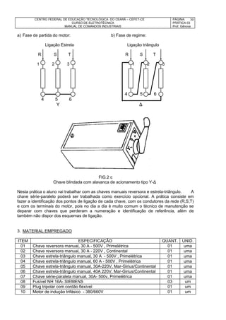 CENTRO FEDERAL DE EDUCAÇÃO TECNOLÓGICA DO CEARÁ – CEFET-CE
CURSO DE ELETROTÉCNICA
MANUAL DE COMANDOS INDUSTRIAIS
PÁGINA:
PRÁTICA 03
Prof. Gênova
30
a) Fase de partida do motor: b) Fase de regime:
Ligação Estrela Ligação triângulo
R S T R S T
1 2 3 1 2 3
4 5 6
4 5 6
Y Δ
FIG.2 c
Chave blindada com alavanca de acionamento tipo Y-Δ
Nesta prática o aluno vai trabalhar com as chaves manuais reversora e estrela-triângulo. A
chave série-paralelo poderá ser trabalhada como exercício opcional. A prática consiste em
fazer a identificação dos pontos de ligação de cada chave, com os condutores da rede (R,S,T)
e com os terminais do motor, pois no dia a dia é muito comum o técnico de manutenção se
deparar com chaves que perderam a numeração e identificação de referência, além de
também não dispor dos esquemas de ligação.
3. MATERIAL EMPREGADO
ITEM ESPECIFICAÇÃO QUANT. UNID.
01 Chave reversora manual, 30 A - 500V , Primelétrica 01 uma
02 Chave reversora manual, 30 A - 220V , Continental 01 uma
03 Chave estrela-triângulo manual, 30 A - 500V , Primelétrica 01 uma
04 Chave estrela-triângulo manual, 60 A - 500V , Primelétrica 01 uma
05 Chave estrela-triângulo manual, 30A-220V, Mar-Girius/Continental 01 uma
06 Chave estrela-triângulo manual, 40A 220V, Mar-Girius/Continental 01 uma
07 Chave série-paralela manual, 30A- 500v, Primelétrica 01 uma
08 Fusível NH 16A- SIEMENS 03 um
09 Plug tripolar com cordão flexível 01 um
10 Motor de indução trifásico - 380/660V 01 um
 