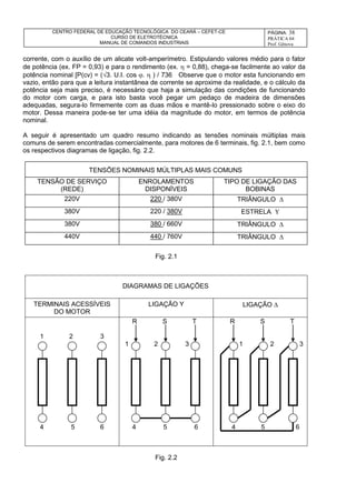 CENTRO FEDERAL DE EDUCAÇÃO TECNOLÓGICA DO CEARÁ – CEFET-CE
CURSO DE ELETROTÉCNICA
MANUAL DE COMANDOS INDUSTRIAIS
PÁGINA: 38
PRÁTICA 04
Prof. Gênova
corrente, com o auxílio de um alicate volt-amperímetro. Estipulando valores médio para o fator
de potência (ex. FP = 0,93) e para o rendimento (ex.  = 0,88), chega-se facilmente ao valor da
potência nominal [P(cv) = (3. U.I. cos .  ) / 736 Observe que o motor esta funcionando em
vazio, então para que a leitura instantânea de corrente se aproxime da realidade, e o cálculo da
potência seja mais preciso, é necessário que haja a simulação das condições de funcionando
do motor com carga, e para isto basta você pegar um pedaço de madeira de dimensões
adequadas, segura-lo firmemente com as duas mãos e mantê-lo pressionado sobre o eixo do
motor. Dessa maneira pode-se ter uma idéia da magnitude do motor, em termos de potência
nominal.
A seguir é apresentado um quadro resumo indicando as tensões nominais múltiplas mais
comuns de serem encontradas comercialmente, para motores de 6 terminais, fig. 2.1, bem como
os respectivos diagramas de ligação, fig. 2.2.
TENSÃO DE SERVIÇO
(REDE)
ENROLAMENTOS
DISPONÍVEIS
TIPO DE LIGAÇÃO DAS
BOBINAS
220V 220 / 380V TRIÂNGULO 
380V 220 / 380V ESTRELA 
380V 380 / 660V TRIÂNGULO 
440V 440 / 760V TRIÂNGULO 
Fig. 2.1
TERMINAIS ACESSÍVEIS
DO MOTOR
LIGAÇÃO Y LIGAÇÃO 
1 2 3
4 5 6
R S T
1 2 3
4 5 6
R S T
1 2 3
4 5 6
Fig. 2.2
TENSÕES NOMINAIS MÚLTIPLAS MAIS COMUNS
DIAGRAMAS DE LIGAÇÕES
 