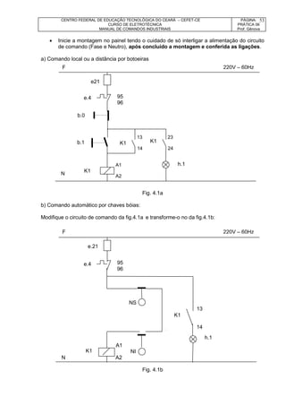CENTRO FEDERAL DE EDUCAÇÃO TECNOLÓGICA DO CEARÁ – CEFET-CE
CURSO DE ELETROTÉCNICA
MANUAL DE COMANDOS INDUSTRIAIS
PÁGINA:
PRÁTICA 06
Prof. Gênova
53
 Inicie a montagem no painel tendo o cuidado de só interligar a alimentação do circuito
de comando (Fase e Neutro), após concluído a montagem e conferida as ligações.
a) Comando local ou a distância por botoeiras
e21
13 23
14 24
A1
A2
Fig. 4.1a
b) Comando automático por chaves bóias:
Modifique o circuito de comando da fig.4.1a e transforme-o no da fig.4.1b:
NS
13
14
A1
NI
N A2
Fig. 4.1b
F 220V – 60Hz
e.4
b.0
b.1
95
96
K1 K1
K1
h.1
N
F 220V – 60Hz
e.21
e.4 95
96
K1
K1
h.1
 