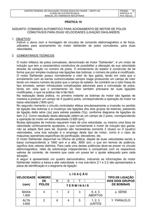 CENTRO FEDERAL DE EDUCAÇÃO TECNOLÓGICA DO CEARÁ – CEFET-CE
CURSO DE ELETROTÉCNICA
MANUAL DE COMANDOS INDUSTRIAIS
PÁGINA:
PRÁTICA 10
Prof. Gênova
70
PRÁTICA 10
ASSUNTO: COMANDO AUTOMÁTICO PARA ACIONAMENTO DE MOTOR DE POLOS
COMUTÁVEIS PARA DUAS VELOCIDADES (LIGAÇÃO DAHLANDER)
1. OBJETIVO
Instruir o aluno com a montagem de circuitos de comando eletromagnético e de força,
utilizados para acionamento do motor dahlander de polos comutáveis, para duas
velocidades.
2. COMENTÁRIOS TEÓRICOS
O motor trifásico de polos comutáveis, denominado de motor “Dahlander”, é um motor de
indução que tem a característica construtiva de possibilitar a alteração da sua velocidade
através da variação no número de polos. O enrolamento do estator é construído de tal
forma que por simples mudança nas ligações das bobinas, o número de polos é modificado.
O motor Dahlander possui normalmente o rotor do tipo gaiola, tendo em vista que o
enrolamento com as barras curtocircuitadas sempre reage produzindo um campo de rotor
tendo um mesmo número de polos que o campo do estator. Ao contrário se o rotor fosse do
tipo enrolado, seriam introduzidas complicações adicionais para a comutação de polos,
tendo em vista que o enrolamento do rotor também precisaria ter suas ligações
modificadas, o que na prática não é tão fácil.
Na realização desta prática, no primeiro instante as bobinas do motor são ligadas de
maneira a produzir um campo de 4 (quatro) polos, correspondendo a operação do motor na
baixa velocidade (1800 rpm).
No segundo momento o circuito controlador efetua simultaneamente a inversão no sentido
de ligação das bobinas e a mudança nas ligações dos dois grupos de bobinas, passando
de ligação delta série (s) para estrela paralela (Yp), conforme diagrama de ligações do
item 2.2. Como resultado desta alteração obtém-se um campo de 2 polos, correspondendo
a operação do motor em alta velocidade (3.600 rpm).
Muitas aplicações de motores requerem mais de uma velocidade, ou mesmo uma faixa de
velocidade continuamente ajustáveis, o que normalmente o motor de indução tipo gaiola,
não se adapta fácil para tal. Quando são necessárias somente 2 (duas) ou 4 (quatro)
velocidades, uma boa solução é o emprego deste tipo de motor, como é o caso de
máquinas operatrizes específicas de panificação, elevadores, etc.
O motor Dahlander disponível na Oficina de prática, dispõe de duas velocidades sendo a
baixa correspondendo a 1800 rpm e a alta, 3600 rpm, o que em termos de potência,
significa dois valores distintos. Para cada uma destas potências deve-se prever no circuito
eletromagnético, relés de sobrecarga independentes e compatíveis com os respectivos
valores de corrente, de maneira que cada um possa ter o ajuste adequado para cada
situação.
A seguir é apresentado um quadro demonstrativo, indicando as informações do motor
Dahlander relativo a baixa e alta velocidade, e nos sub-itens 2.1 e 2.2 são apresentados a
placa de identificação e o diagrama de ligação:
VELOCIDADE NÚMERO TIPO DE LIGAÇÃO
DE R S T - DOS DOIS GRUPOS
(rpm) POLOS DE BOBINAS
BAIXA
1.800
4 1 2 3 6, 4, 5
ABERTOS
 SÉRIE
ALTA
3.600
2 6 4 5 1, 2, 3
JUNTOS
Y PARALELO
L I G A Ç Ã O
T E R M I N A I S
 
