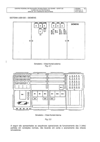 CENTRO FEDERAL DE EDUCAÇÃO TECNOLÓGICA DO CEARÁ – CEFET-CE
CURSO DE ELETROTÉCNICA
MANUAL DE COMANDOS INDUSTRIAIS
PÁGINA:
PRÁTICA 12
Prof. Gênova
82
SISTEMA USB 630 – SIEMENS
Simeletro – Vista frontal externa
Fig. 2.1
Simeletro – Vista frontal interna
Fig. 2.2
A seguir são apresentadas as sequências operacionais de funcionamento das 3 (três)
partidas em condições normais, não levando em conta o acionamento das chaves
simuladoras:
 