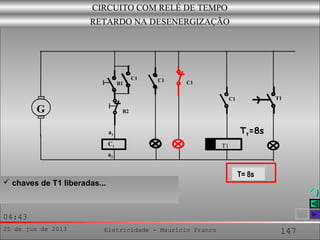 25 de jun de 2013 Eletricidade - Maurício Franco 147
04:43
 botão liga acionado
C1
G
a2
a1
C1
C1
C1
B1
B2
T1
C1
T1
T=1sT=2sT=3sT=4sT=5s
Tt=8s
T=6s
CIRCUITO COM RELÉ DE TEMPO
RETARDO NA DESENERGIZAÇÃO
 chaves de T1 acionadas... botão liga desacionado botão desliga acionado Selo aberto; bobinas C1 e T1
desacionadas
T=7sT= 8s
 temporizando...
 chaves de T1 liberadas...
 