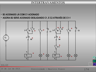 25 de jun de 2013 Eletricidade - Maurício Franco 174
04:43
G
a2
a1
C1
c1
C1
C1
B1
B2
a2
a1
C2
C2
C2
B3
B4
C2
C1-1
INTERTRAVAMENTOS
• B3 ACIONADO JÁ COM C1 ACIONADO
• AGORA B2 SERÁ ACIONADO DESLIGANDO C1, E C2 ATRAVÉS DE C1-1
 