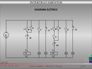 25 de jun de 2013 Eletricidade - Maurício Franco 177
04:43
INTERTRAVAMENTOS
DIAGRAMA ELÉTRICO
C2
G
a2
a1
C1
c1 C1
C1
B1
B2
a2
a1
C2
C2
C2
B3
B4
C1
 